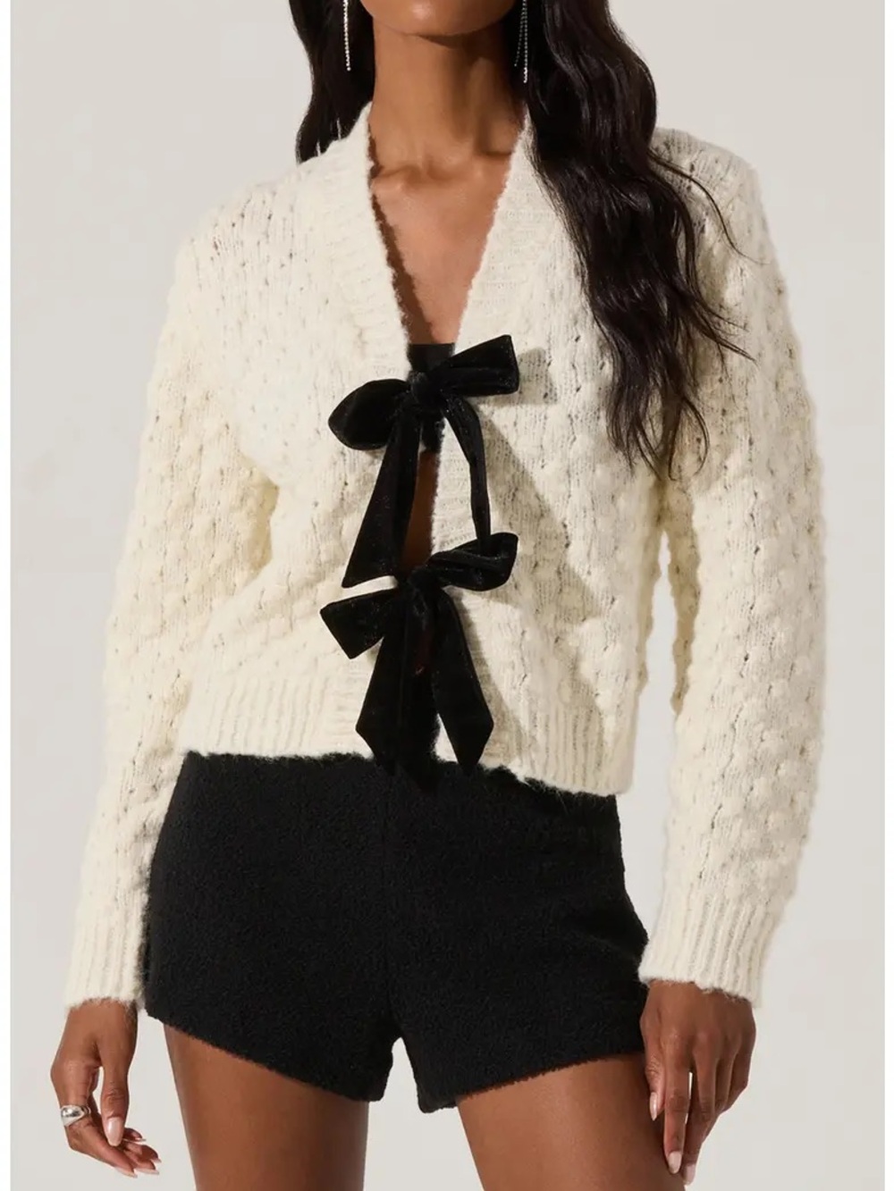 Astr Ivory Cable Knit Cardigan with Black Velvet Bows